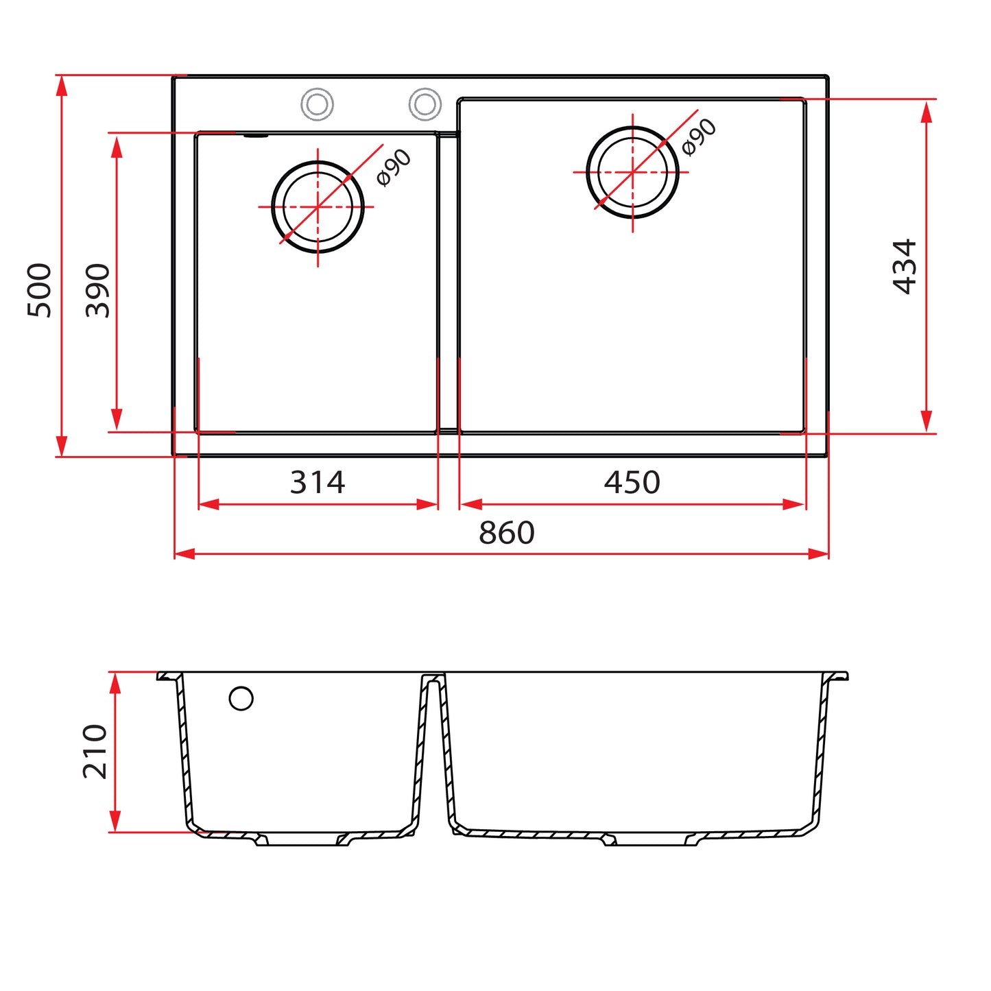 Rubine MEQ 860-86R (86CM) Top Mount Kitchen Sink