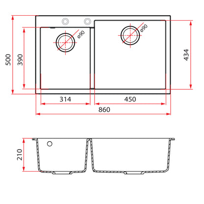 Rubine MEQ 860-86R (86CM) Top Mount Kitchen Sink