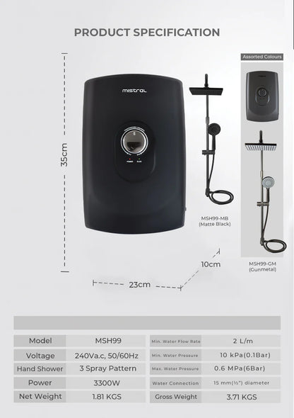 Mistral MSH99 Series Instant Shower Heater with Rain Shower