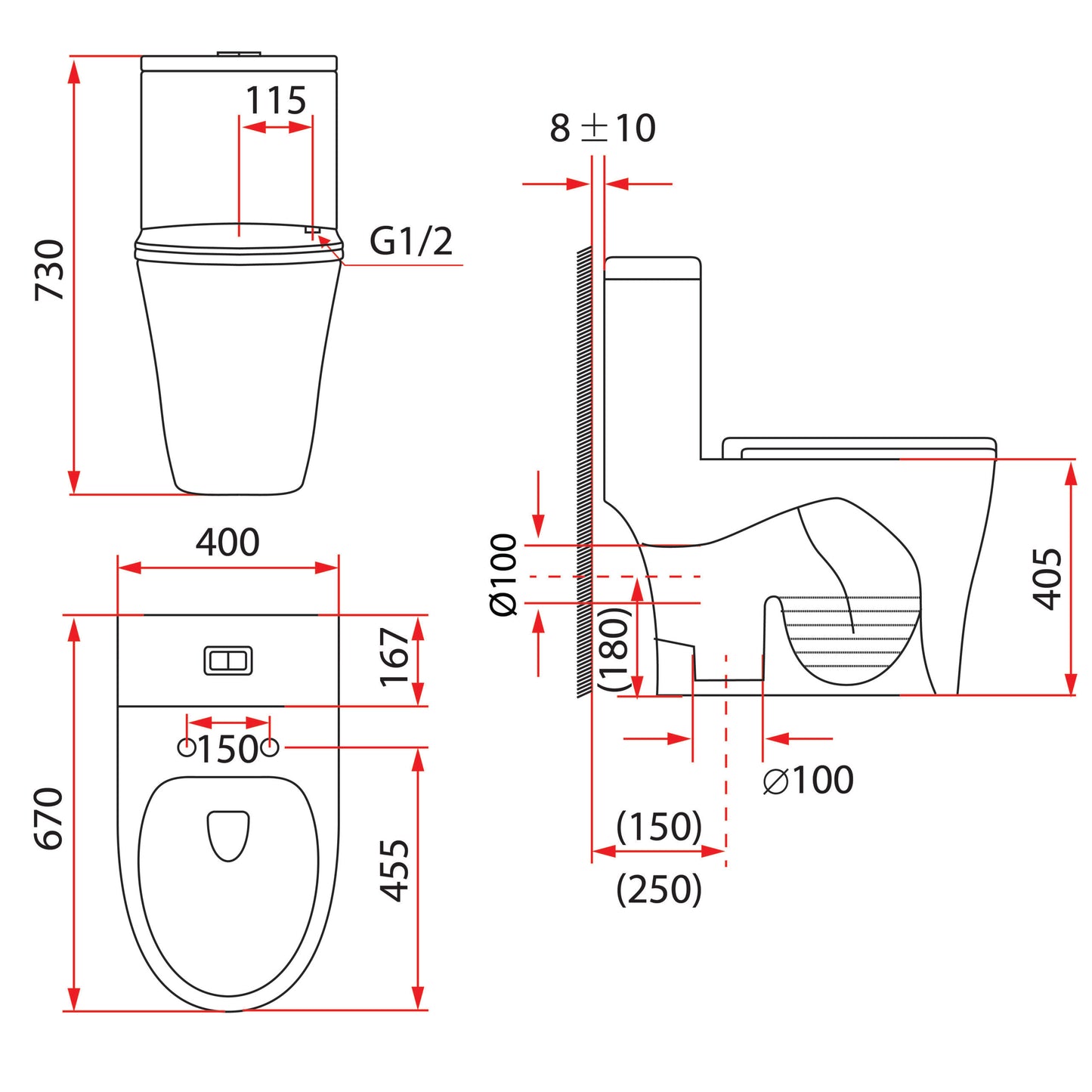 Rubine PN-105 One-Piece Toilet Bowl (Rimless Flush)