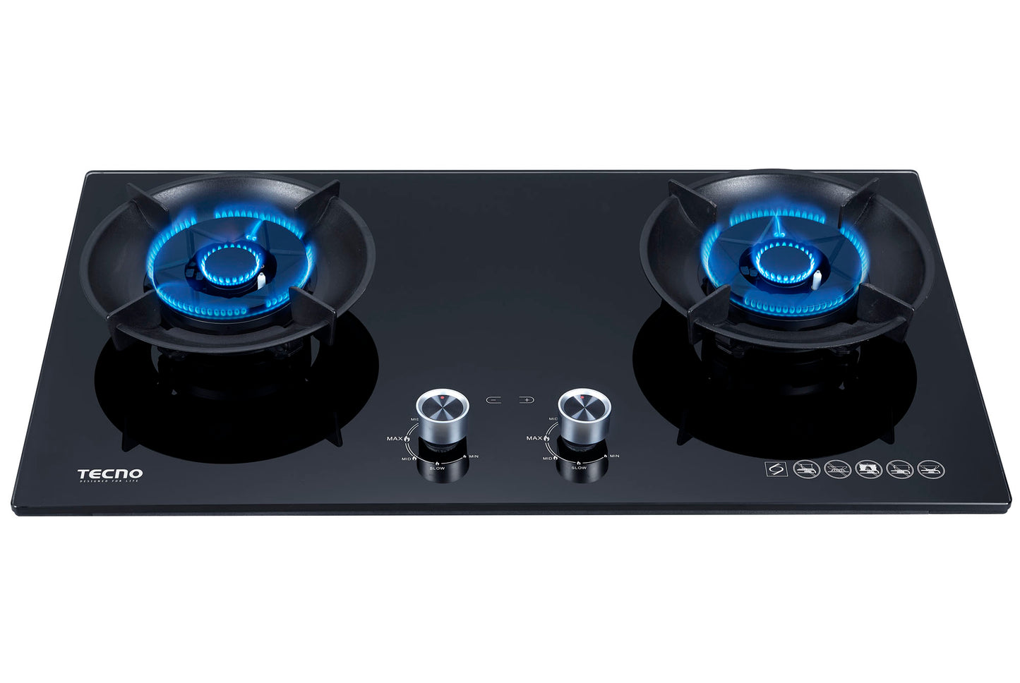 Tecno 2-Burner 76cm Tempered Glass Hob with Flip-Up Burners & Timer