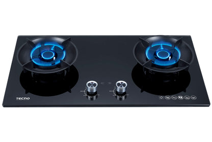 Tecno 2-Burner 76cm Tempered Glass Hob with Flip-Up Burners & Timer