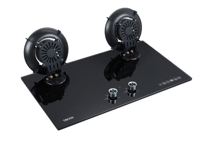 Tecno 2-Burner 76cm Tempered Glass Hob with Flip-Up Burners & Timer