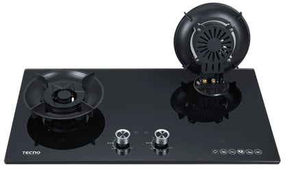 Tecno 2-Burner 76cm Tempered Glass Hob with Flip-Up Burners & Timer