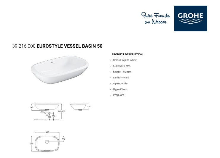 GROHE 39216000 EUROSTYLE WHITE VESSEL BASIN