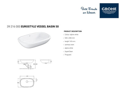 GROHE 39216000 EUROSTYLE WHITE VESSEL BASIN