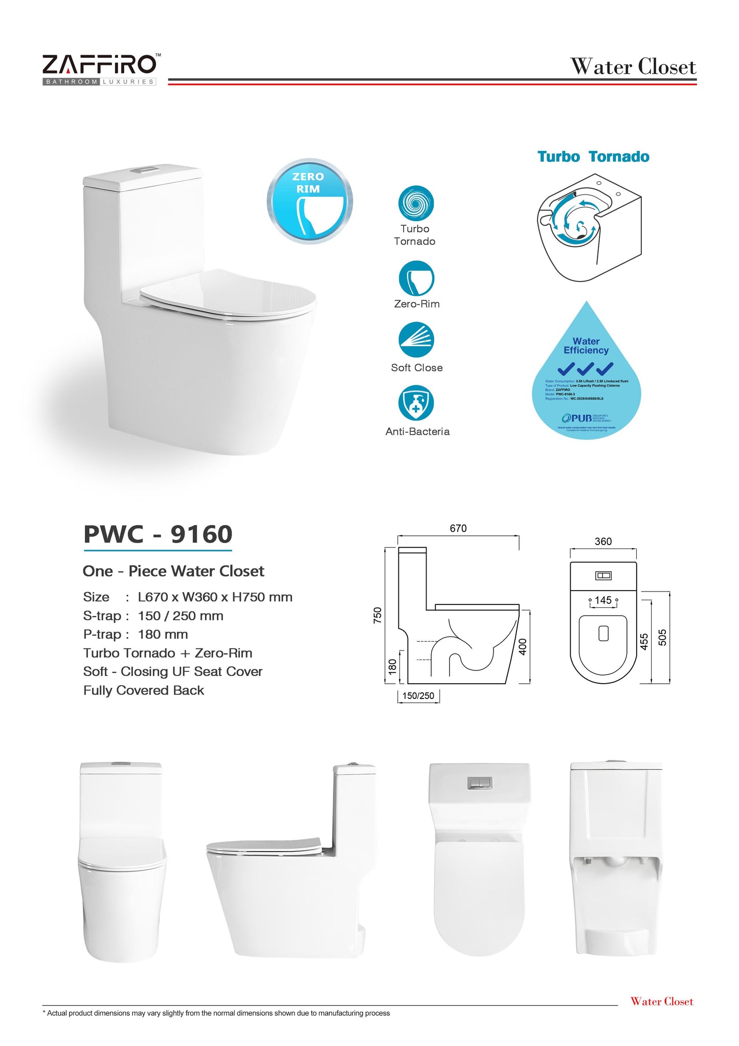 Zaffiro PWC-9160 One-Piece Toilet Bowl (Tornado Flush)